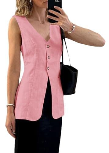 Mina Self 2025 Women's Breathable Linen V-Neck Long Casual Vest — Pink