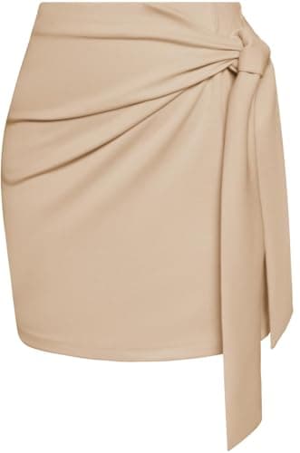 Kate Kasin High Waist Elastic Plaid Mini Skirt with Bow Tie Stretch — Apricot