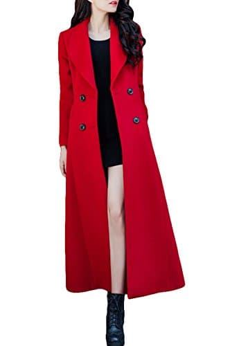 PENER Women's Classic Long Wool Trench Coat Winter Thick Double Breasted Jacket — Red