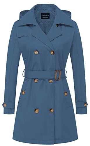 CREATMO Women's Classic Double-Breasted Trench Coat with Detachable Hood — Dark Blue