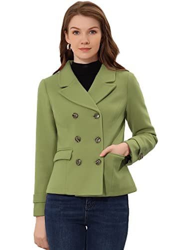 Allegra K Women's Notched Lapel Double Breasted Pea Coat — Pea Green
