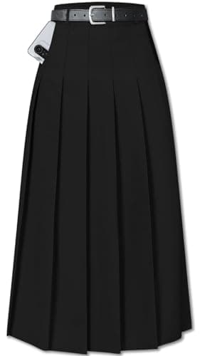 Cromoncent Womens High Waist Pleated Long Skirt with Pockets — Black