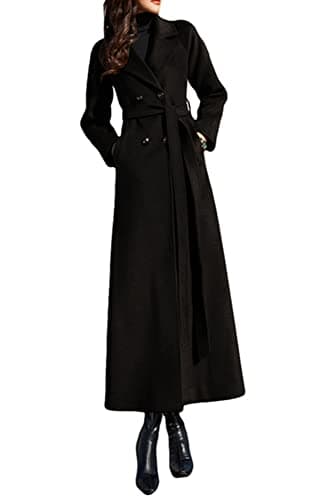PENER Women's Classic Long Wool Trench Coat Winter Thick Double Breasted Jacket — Black With Belt- Style 11