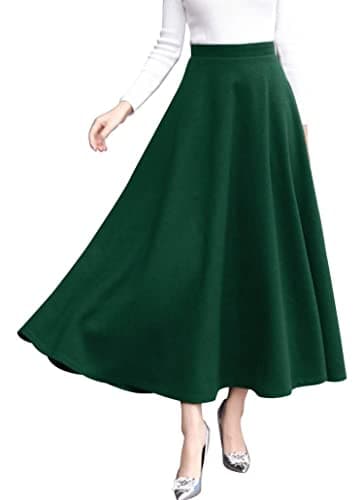 Vintage High Waist Wool Blend Plaid A-Line Maxi Skirt for Women — Pure Green