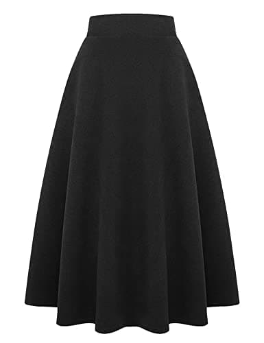 Women's Long Plaid Wool Skirt for Winter: High Waisted A-line Flare — Pure Black