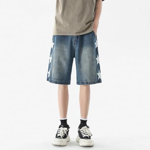 QJK Y2K Oversized Star Wash Jean Shorts