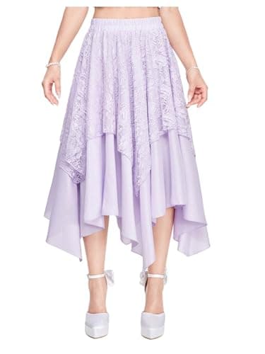 Verdusa Women's Y2K Contrast Lace Layered Midi Skirt — Floral Light Purple