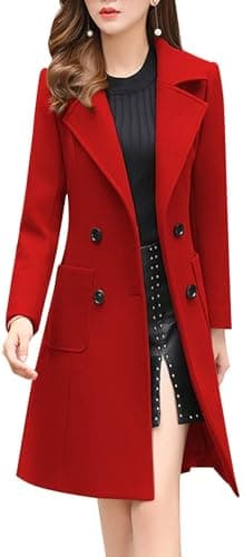 Elegant Women's Notched Collar Wool Blend Overcoat — Red