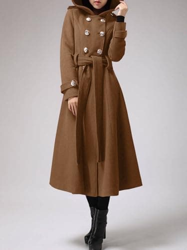 Cicy Bell Women's Winter Warm Long Double-Breasted Hooded Wool Trench Coat with Belts