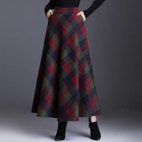 FX Women's Plaid Wool High Waist A-Line Maxi Skirt with Pockets