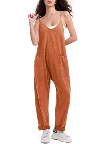 EXLURA Women's Casual Summer Denim Jumpsuits with Pockets Beach Romper — Orange