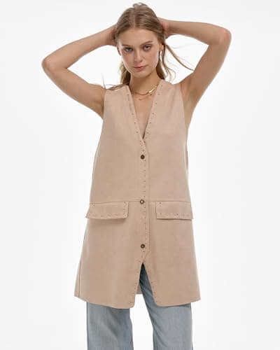 Locachy Women's Steampunk Suede Vest with Pockets Casual Button Down