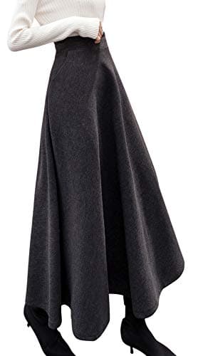 Women's Wool A-Line Maxi Skater Skirt for Fall Winter — Pocket-dark Grey
