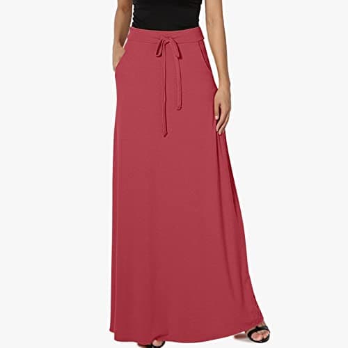 Womens High Elastic Maxi Drawstring Ankle Length Skirts Solid Pockets — Watermelon Red