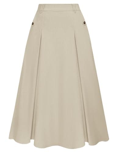 Vintage Corduroy A-line Midi Skirt for Women with Elastic Waist and Pockets — Beige