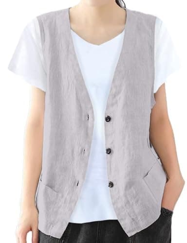 IDEALSANXUN Women's Cotton Linen Sleeveless Blazer Lightweight Vest Cardigan — Light Grey