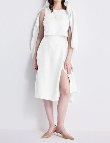 IDEALSANXUN Women's Linen High-Waisted A-Line Midi Skirt with Slit