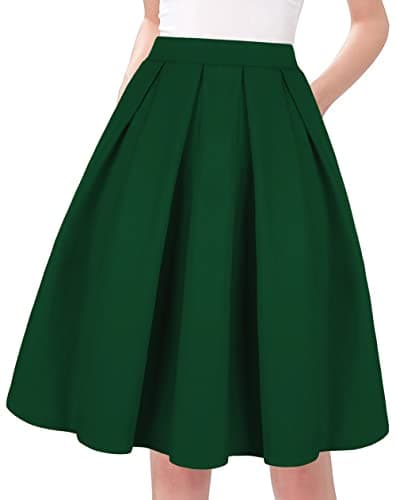 Tandisk Women's Vintage Printed Flared Midi Skirt with Pockets — Green