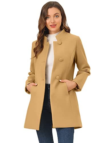 Allegra K Women's Mid-Long Winter Stand Collar Overcoat — Khaki