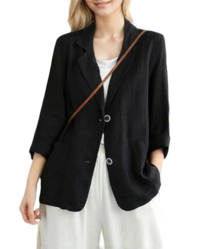 YOUNIFIZ Women's Linen 3/4 Sleeve Notch Lapel Summer Casual Blazer Jackets with Pockets — A_black
