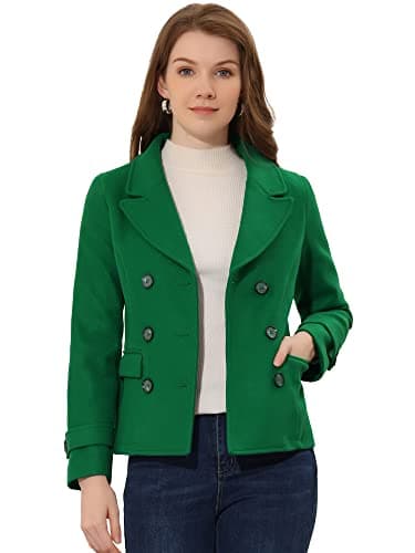 Allegra K Women's Notched Lapel Double Breasted Pea Coat — Green