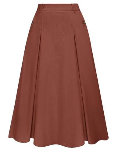 Vintage Corduroy A-line Midi Skirt for Women with Elastic Waist and Pockets