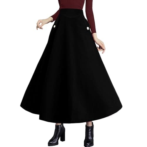 High Waist Plaid Wool Maxi Skirt for Women - A-Line Flared Style — Black