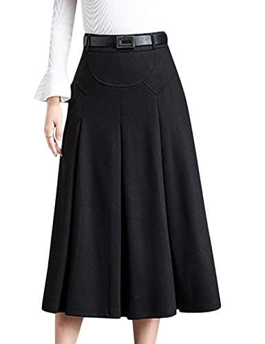 Tanming Women's Winter High Waist Pleated Wool Midi Skirt with Belt Loops — Black