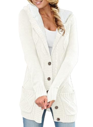 Sidefeel Women's Hooded Fleece Cardigan Winter Coat with Pockets — Hooded White