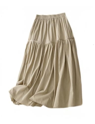 Linen Skirts for Women Elastic High Waisted Vintage Summer Midi Skirts — Khaki