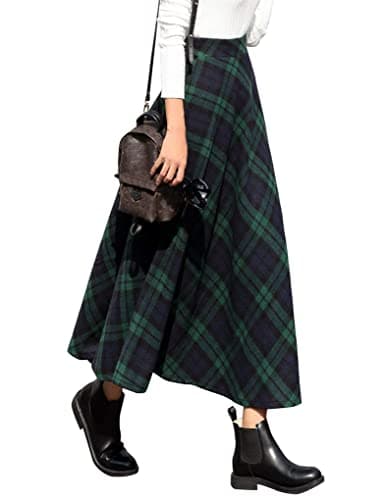 Ylingjun Long Plaid Wool Skirt for Women Winter Fall — Green/Long