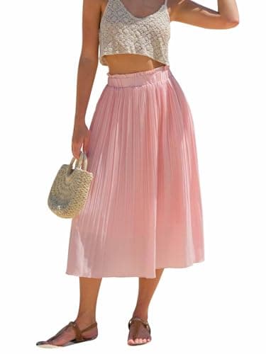 EXLURA Women's High Waist Pleated Polka Dot Maxi Midi Skirt with Pockets — Solid Pink