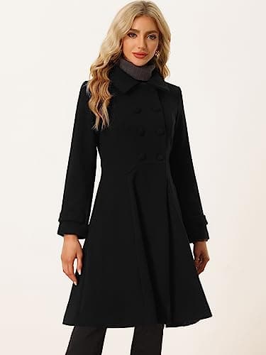 Allegra K Women's Winter Line Trench Coat Lapel Swing Double Breasted