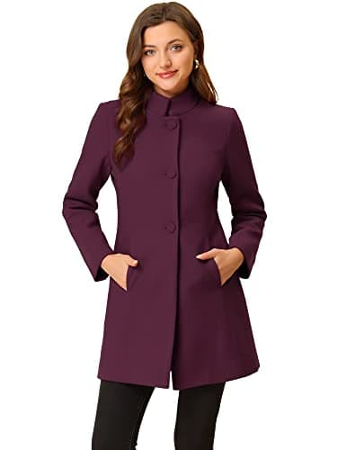 Allegra K Women's Mid-Long Winter Stand Collar Overcoat — Purplish Red