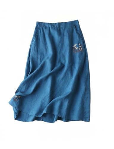 Linen Skirt for Women: 2024 Summer Flowy A Line Embroidered Midi Skirt with Pockets — Blue