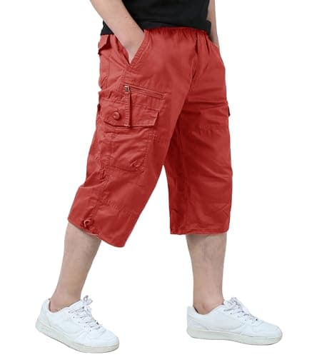 EKLENTSON Men's 3/4 Cargo Shorts with 7 Pockets — Magenta