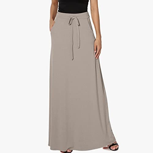 Womens High Elastic Maxi Drawstring Ankle Length Skirts Solid Pockets — Gray
