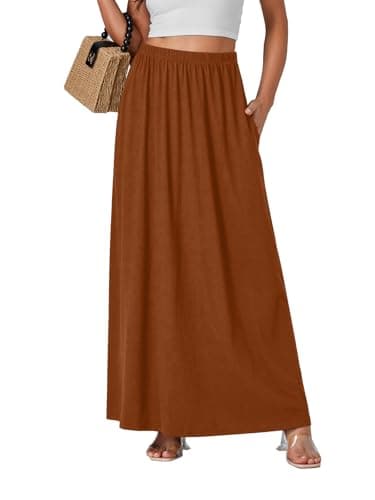 Vrtige Women's Casual High Waist Flowy Hem A-Line Maxi Skirt with Pockets — Caramel