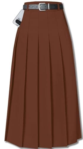 Cromoncent Womens High Waist Pleated Long Skirt with Pockets — Brown