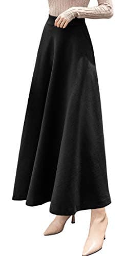 Women's Wool A-Line Maxi Skater Skirt for Fall Winter — Pocket-black