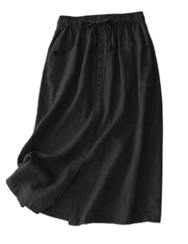 Flowy Linen Skirt for Women with Drawstring Waist and Slit — Black