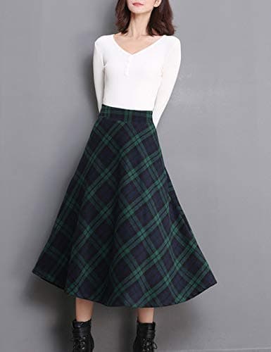 Women's Winter Wool Plaid A-Line Long Skirt