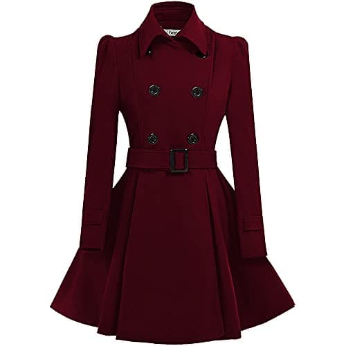 ForeMode Women'sDouble Breasted Wool Pea Coat with Belt Buckle — Winered