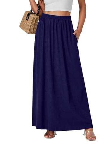 Vrtige Women's Casual High Waist Flowy Hem A-Line Maxi Skirt with Pockets — Solid Navy Blue