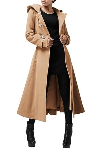 Cicy Bell Women's Winter Warm Long Double-Breasted Hooded Wool Trench Coat with Belts — Camel