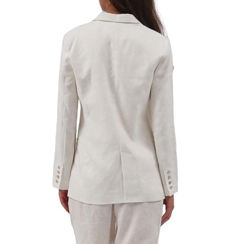 Amazhiyu Women's Pure Linen Double-Breasted Notched Long Sleeve Blazer with Pockets
