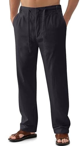 Janmid Men's Casual Linen Pants Elastic Waist Drawstring Yoga Beach trousers — Black