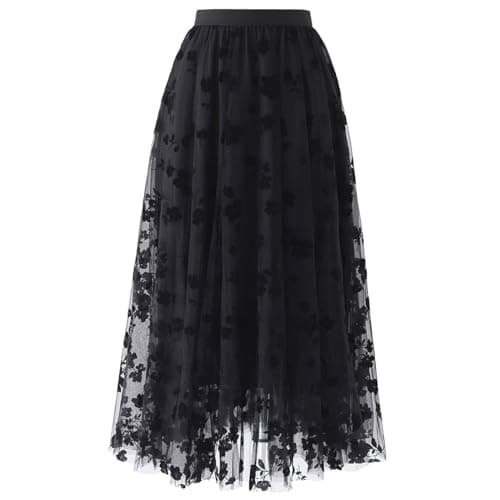 CHICWISH Women's 3D Posy Double-Layered Midi Skirt — Black
