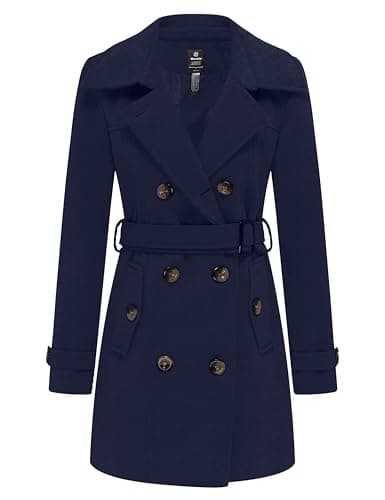 Women's WantdoDouble Breasted Pea Coat Mid-Long Trench Belted Winter — Navy