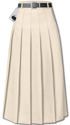 Cromoncent Womens High Waist Pleated Long Skirt with Pockets — Beige